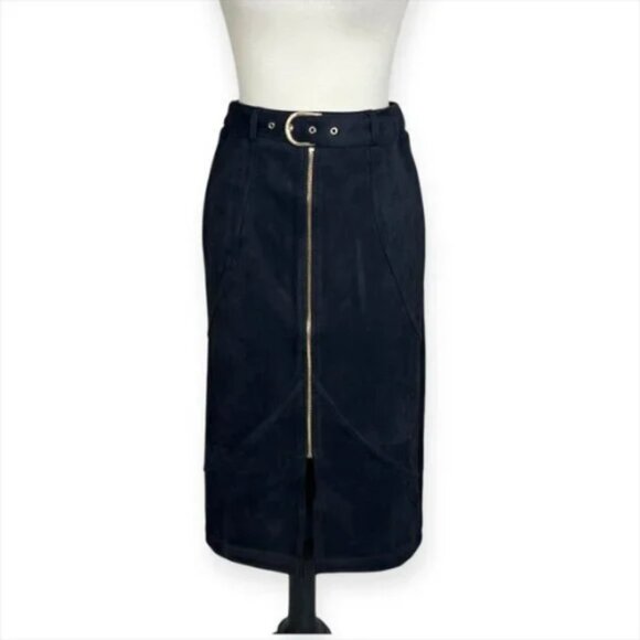 Marc New York Faux Suede Pencil Midi Skirt Gold Zip Front Detail Belted Sz XS - Picture 1 of 9